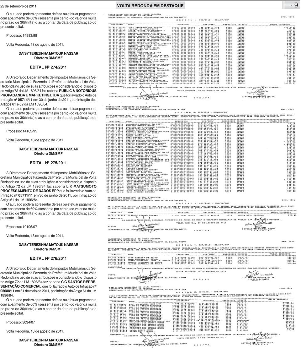 Processo: 14162/95 EDITAL Nº 275/2011 no Artigo 72 da LM 1896/84 faz saber a L K MATSUMOTO PROCESSAMENTO DE DADOS EPP que foi lavrado o Auto de Infração nº 05711/11 em 30 de junho de