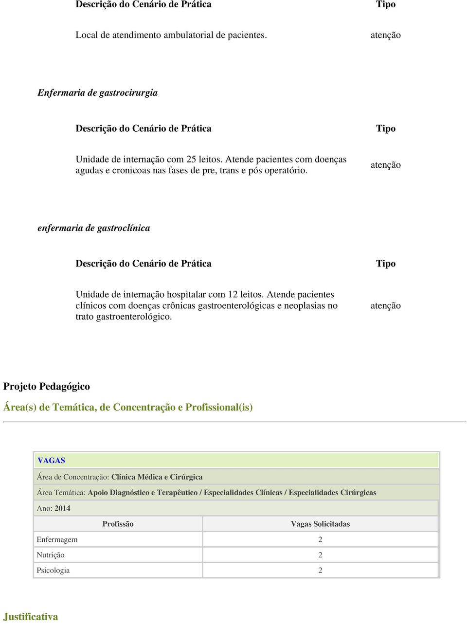 atenção enfermaria de gastroclínica Descrição do Cenário de Prática Tipo Unidade de internação hospitalar com 12 leitos.