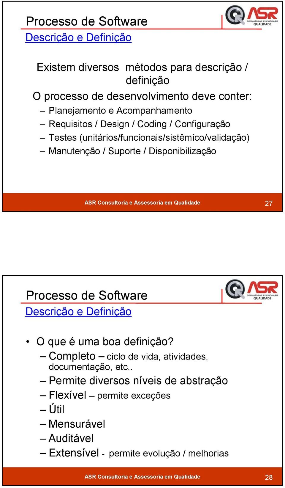 Suporte / Disponibilização 27 Processo de Software Descrição e Definição O que é uma boa definição?