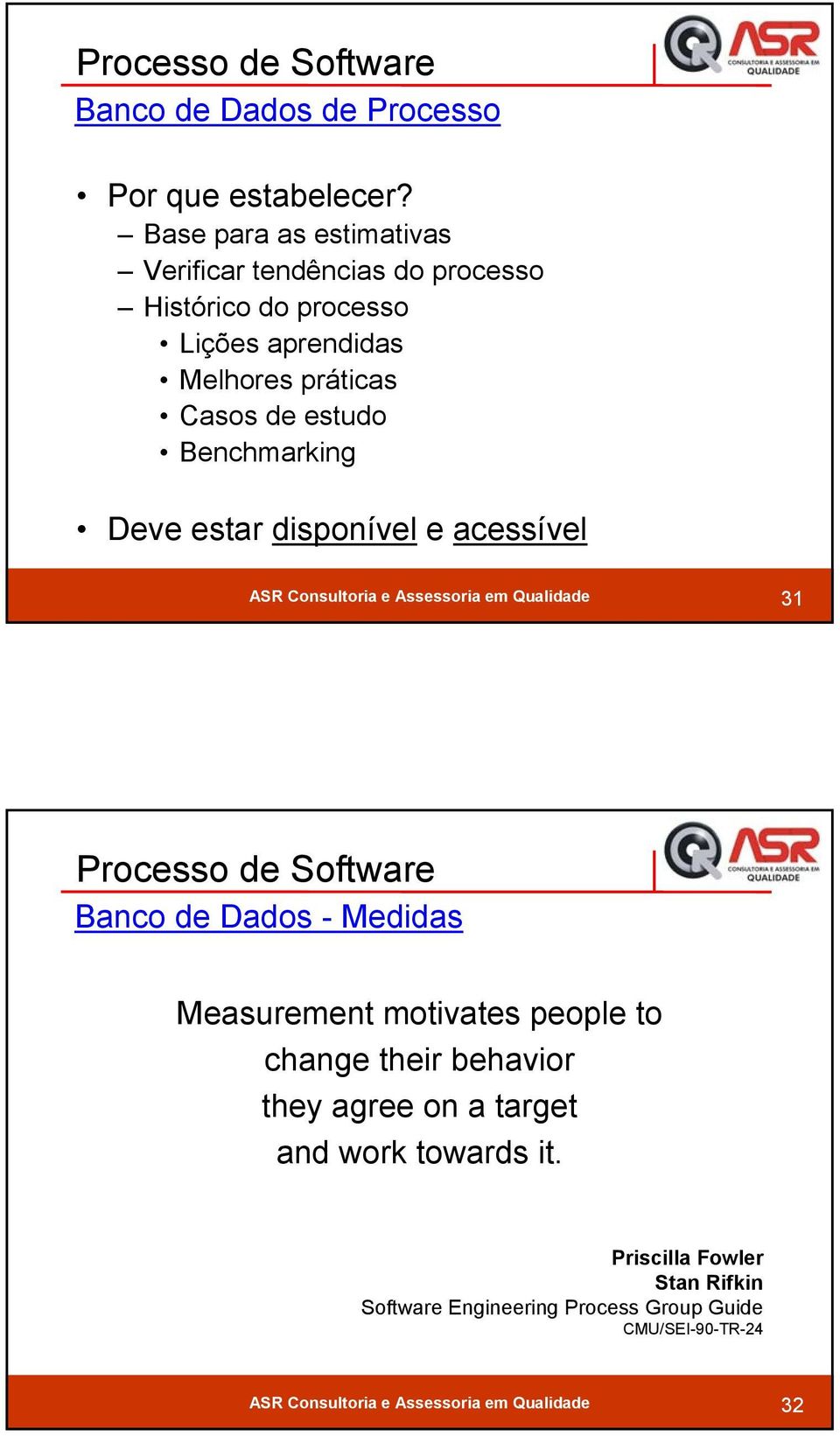 Casos de estudo Benchmarking Deve estar disponível e acessível 31 Processo de Software Banco de Dados - Medidas