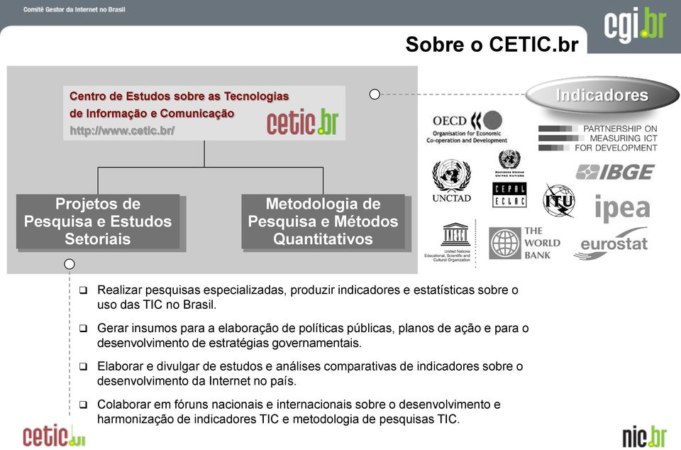 estatísticas sobre o uso das TIC no Brasil. Gerar insumos para a elaboração de políticas públicas, planos de ação e para o desenvolvimento de estratégias governamentais.
