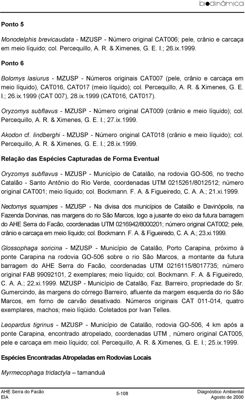 1999 (CAT 007), 28.ix.1999 (CAT016, CAT017). Oryzomys subflavus - MZUSP - Número original CAT009 (crânio e meio líquido); col. Percequillo, A. R. & Ximenes, G. E. I.; 27.ix.1999. Akodon cf.