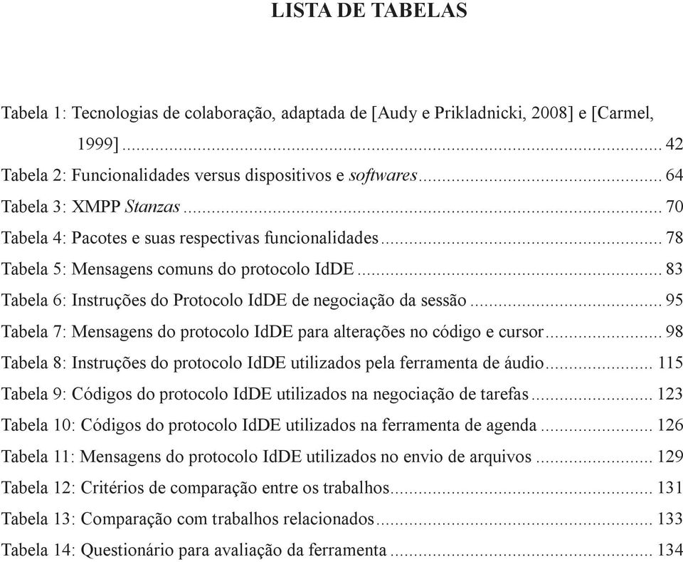 .. 83 Tabela 6: Instruções do Protocolo IdDE de negociação da sessão... 95 Tabela 7: Mensagens do protocolo IdDE para alterações no código e cursor.