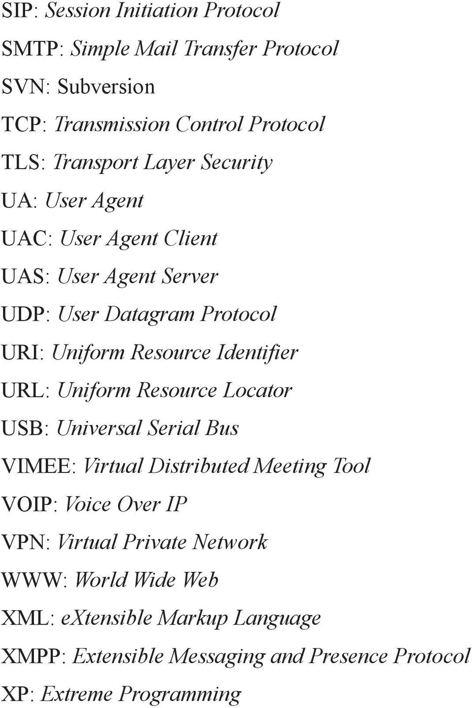 Identifier URL: Uniform Resource Locator USB: Universal Serial Bus VIMEE: Virtual Distributed Meeting Tool VOIP: Voice Over IP VPN: