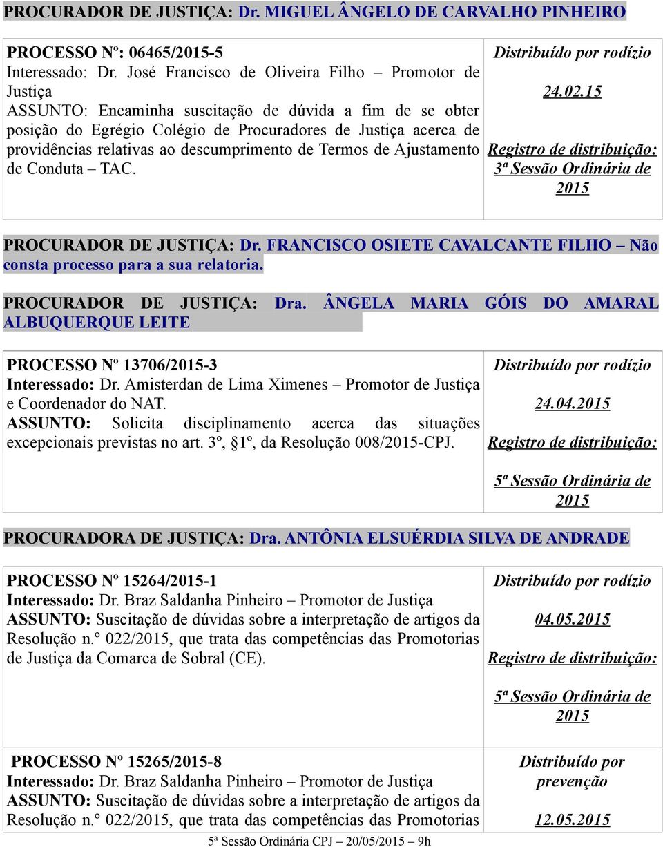 ao descumprimento de Termos de Ajustamento de Conduta TAC. Distribuído por rodízio 24.02.15 Registro de distribuição: 3ª Sessão Ordinária de 2015 PROCURADOR DE JUSTIÇA: Dr.