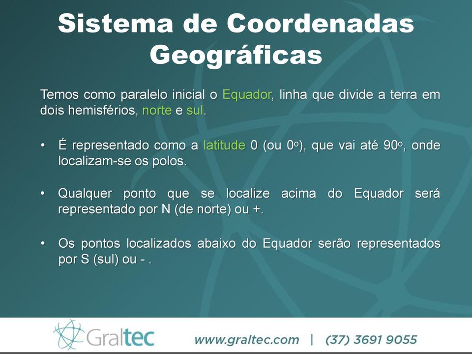 É representado como a latitude 0 (ou 0ᵒ), que vai até 90ᵒ, onde localizam-se os polos.