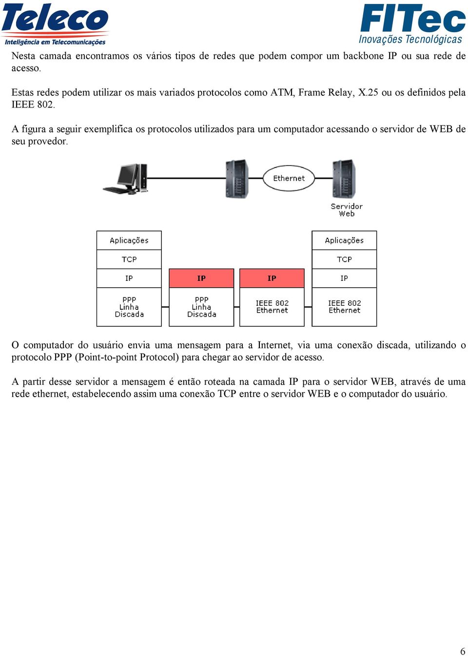 A figura a seguir exemplifica os protocolos utilizados para um computador acessando o servidor de WEB de seu provedor.