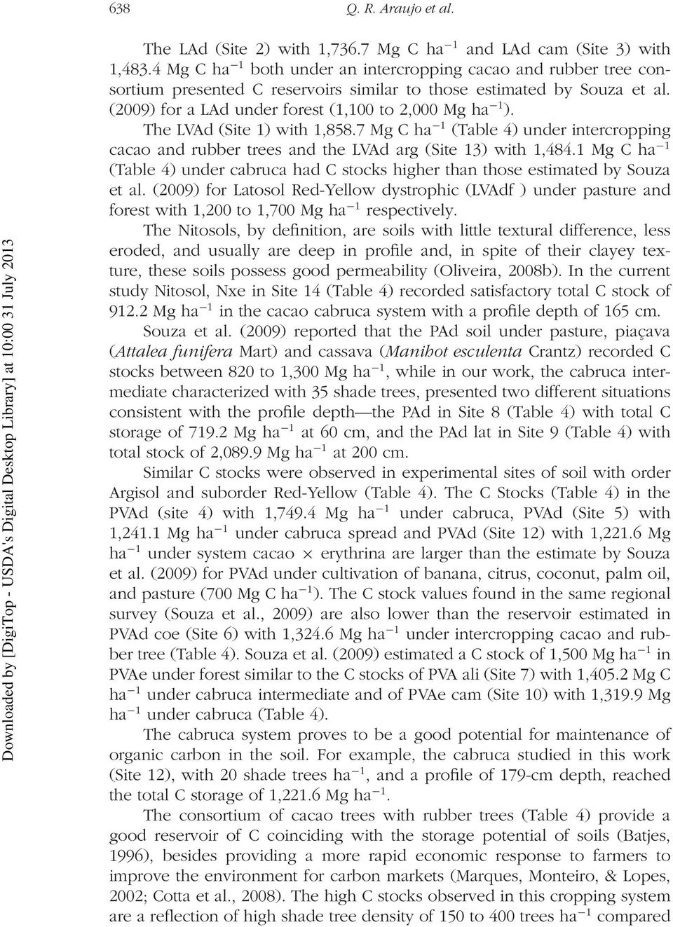 The LVAd (Site 1) with 1,858.7 Mg C ha 1 (Table 4) under intercropping cacao and rubber trees and the LVAd arg (Site 13) with 1,484.