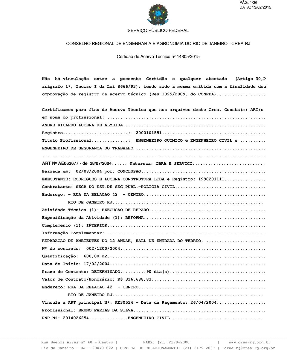 .. ANDRE RICARDO LUCENA DE ALMEIDA... Registro...: 2000101551... Titulo Profissional...: ENGENHEIRO QUIMICO e ENGENHEIRO CIVIL e... ENGENHEIRO DE SEGURANCA DO TRABALHO.