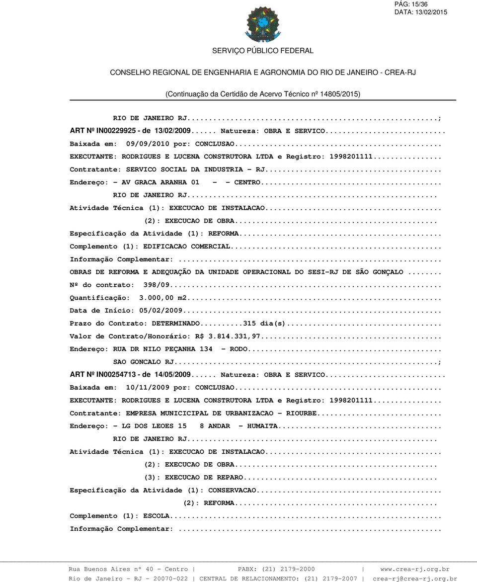 .. OBRAS DE REFORMA E ADEQUAÇÃO DA UNIDADE OPERACIONAL DO SESI-RJ DE SÃO GONÇALO... Nº do contrato: 398/09... Quantificação: 3.000,00 m2... Data de Início: 05/02/2009... Prazo do Contrato: DETERMINADO.