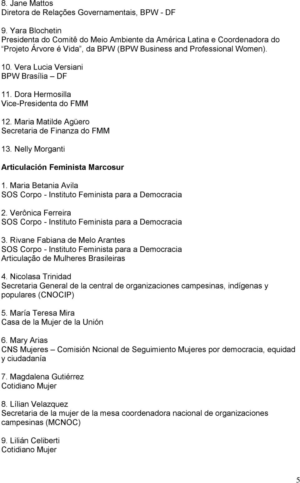 Vera Lucia Versiani BPW Brasília DF 11. Dora Hermosilla Vice-Presidenta do FMM 12. Maria Matilde Agüero Secretaria de Finanza do FMM 13. Nelly Morganti Articulación Feminista Marcosur 1.