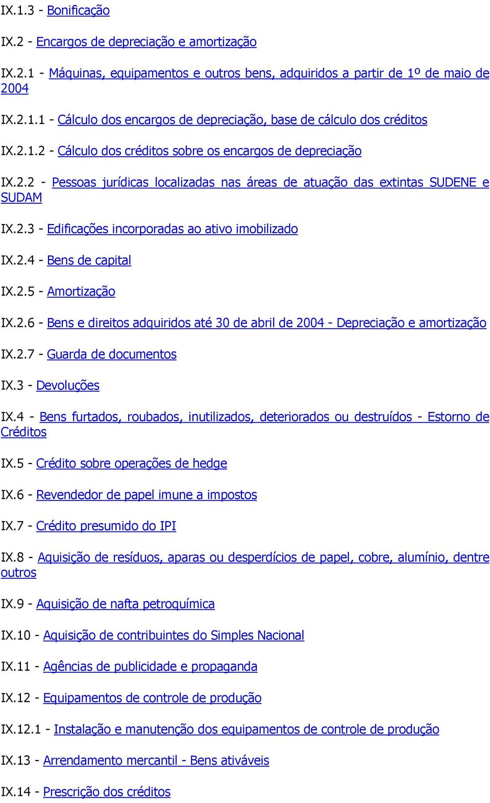 2.4 - Bens de capital IX.2.5 - Amortização IX.2.6 - Bens e direitos adquiridos até 30 de abril de 2004 - Depreciação e amortização IX.2.7 - Guarda de documentos IX.3 - Devoluções IX.