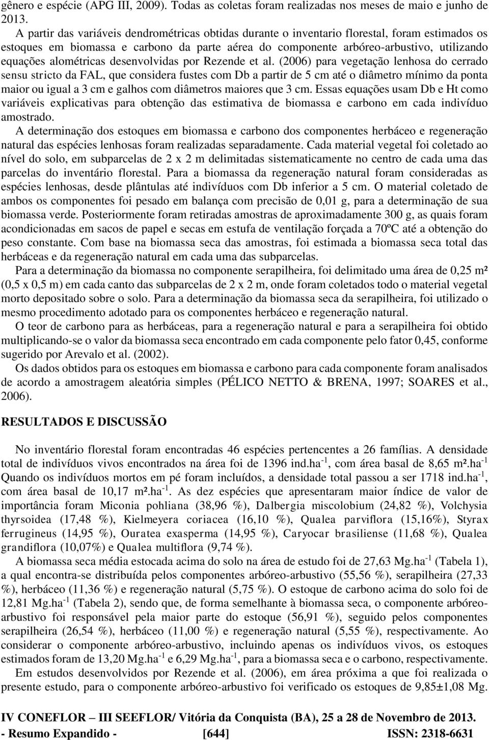 alométricas desenvolvidas por Rezende et al.