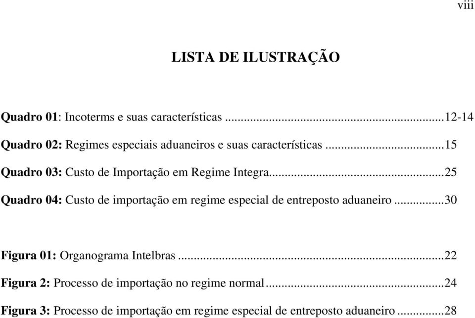 ..15 Quadro 03: Custo de Importação em Regime Integra.