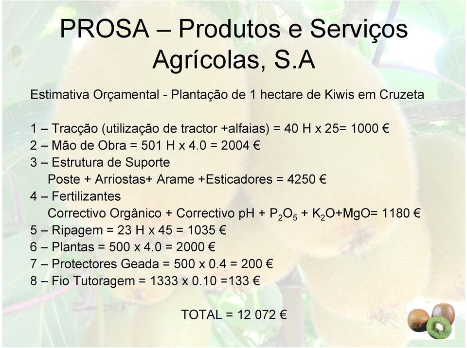 0 = 2004 3 Estrutura de Suporte Poste + Arriostas+ Arame +Esticadores = 4250 4 Fertilizantes Correctivo Orgânico