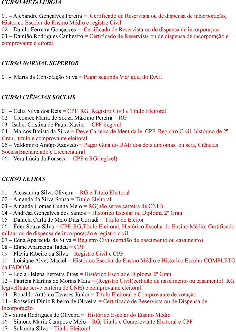 Maria da Consolação Silva = Pagar segunda Via/ guia do DAE CURSO CIÊNCIAS SOCIAIS 01 Célia Silva dos Reis = CPF, RG, Registro Civil e Título Eleitoral 02 Cleonice Maria de Souza Máximo Pereira = RG