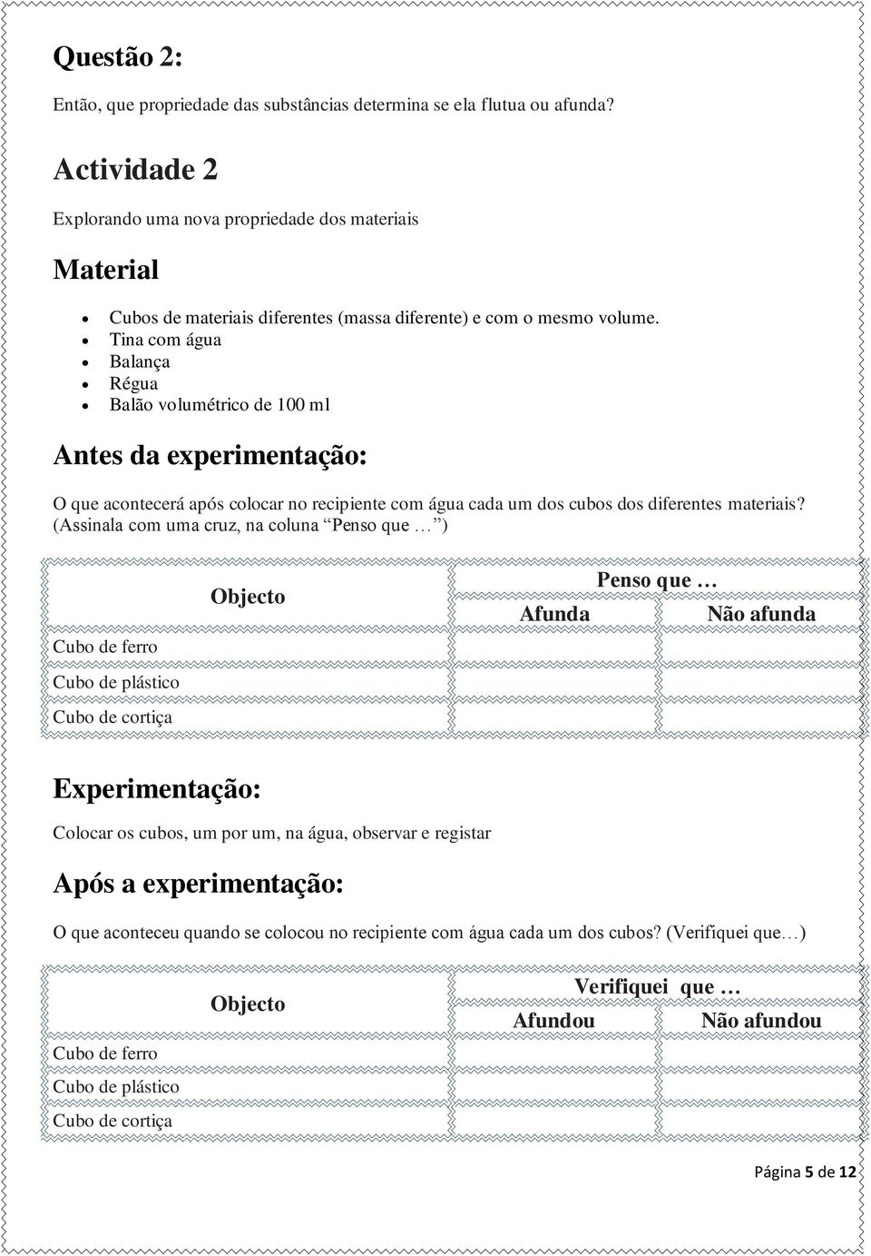 Tina com água Balança Régua Balão volumétrico de 100 ml Antes da experimentação: O que acontecerá após colocar no recipiente com água cada um dos cubos dos diferentes materiais?