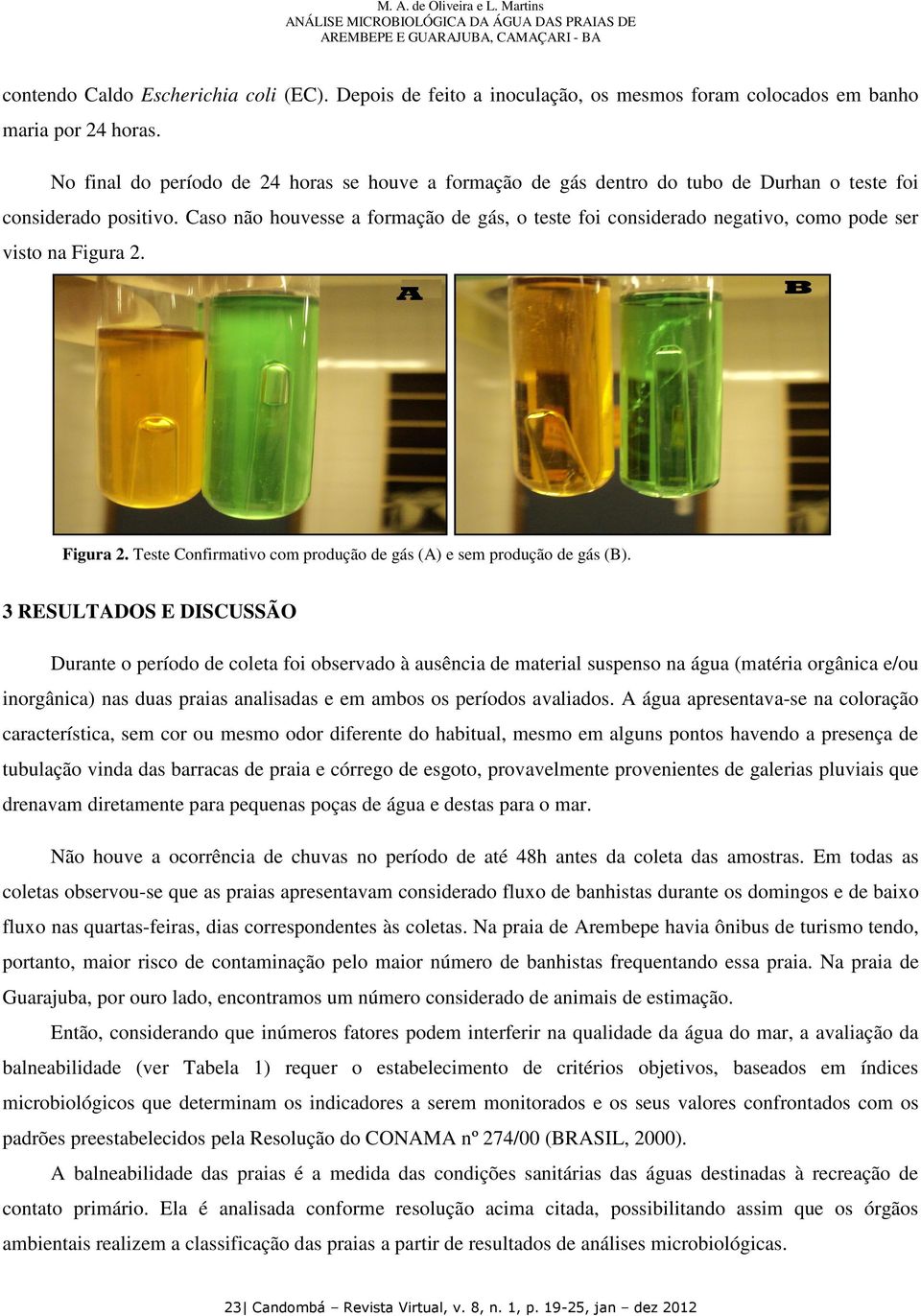 Caso não houvesse a formação de gás, o teste foi considerado negativo, como pode ser visto na Figura 2. Figura 2. Teste Confirmativo com produção de gás (A) e sem produção de gás (B).