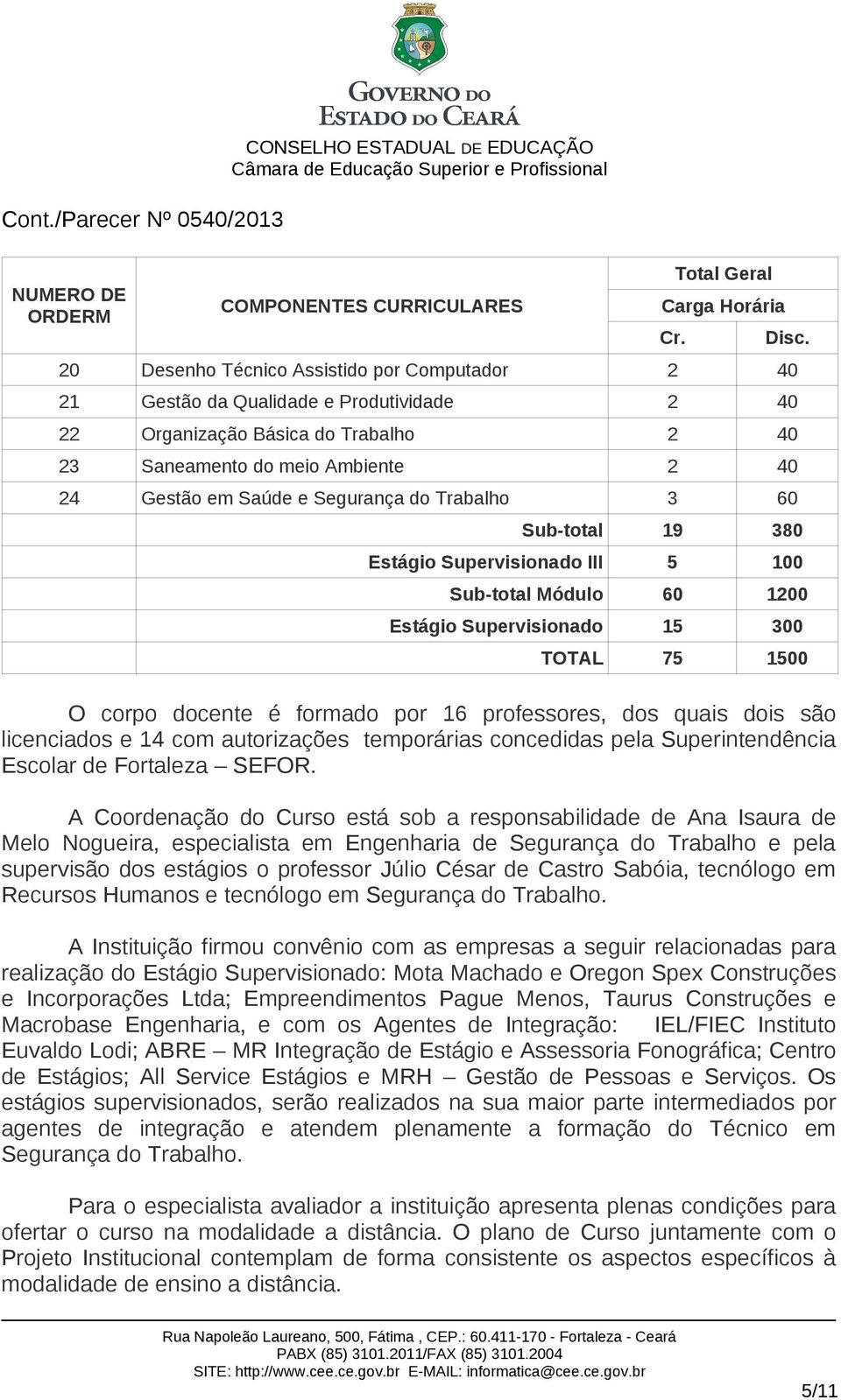 Sub-total 19 380 Estágio Supervisionado III 5 100 Sub-total Módulo 60 1200 Estágio Supervisionado 15 300 TOTAL 75 1500 O corpo docente é formado por 16 professores, dos quais dois são licenciados e