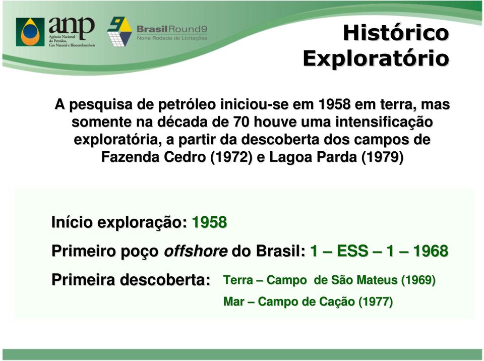de Fazenda Cedro (1972) e Lagoa Parda (1979) Início exploração: 1958 Primeiro poço offshore do