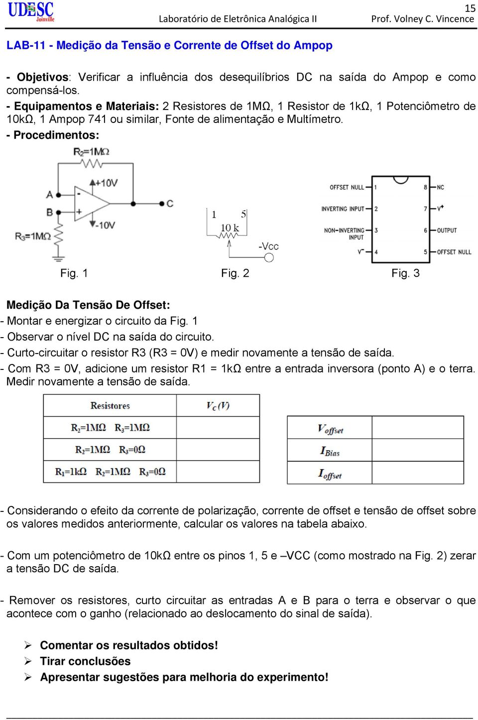 3 Medição Da Tensão De Offset: - Montar e energizar o circuito da Fig. 1 - Observar o nível DC na saída do circuito. - Curto-circuitar o resistor R3 (R3 = 0V) e medir novamente a tensão de saída.