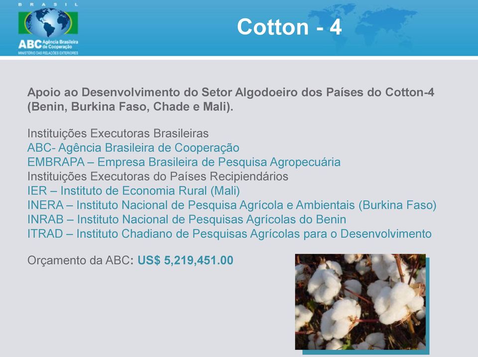 Executoras do Países Recipiendários IER Instituto de Economia Rural (Mali) INERA Instituto Nacional de Pesquisa Agrícola e Ambientais