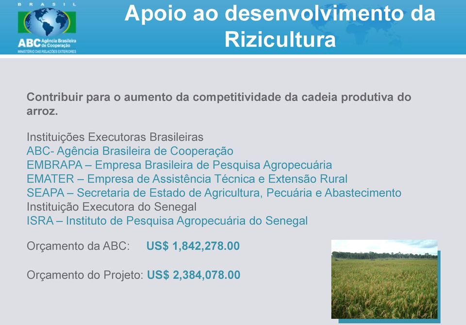 EMATER Empresa de Assistência Técnica e Extensão Rural SEAPA Secretaria de Estado de Agricultura, Pecuária e Abastecimento