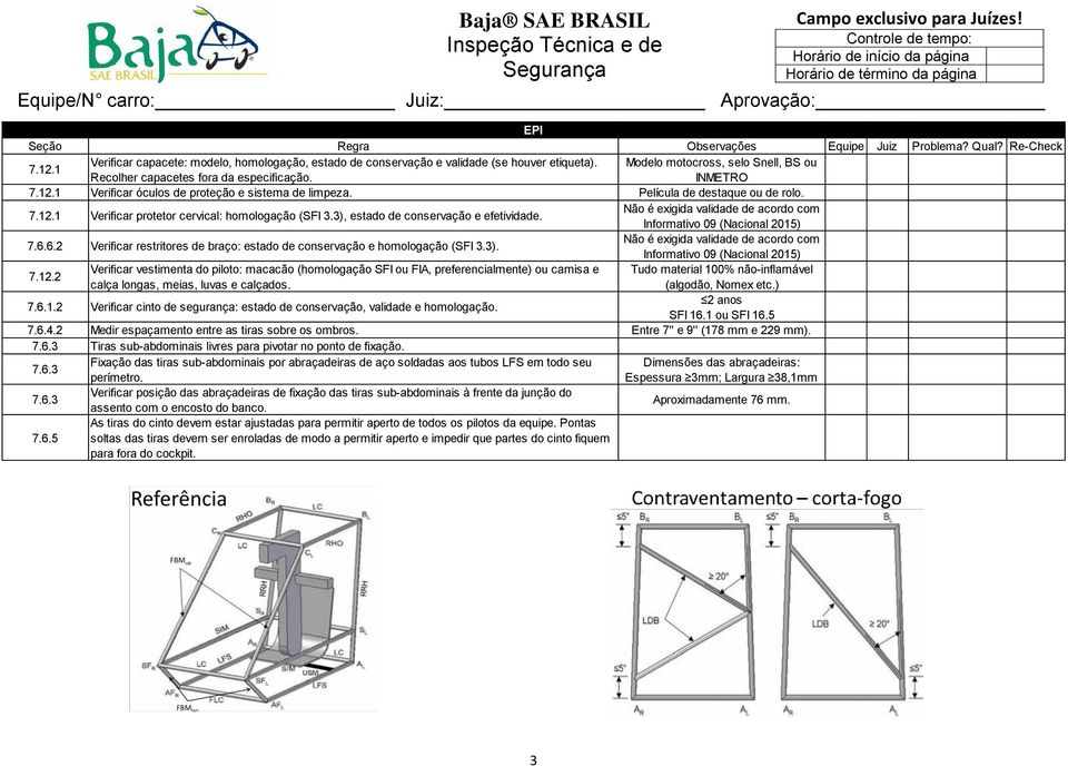 6.6.2 Verificar restritores de braço: estado de conservação e homologação (SFI 3.3). Não é exigida validade de acordo com Informativo 09 (Nacional 2015) 7.12.