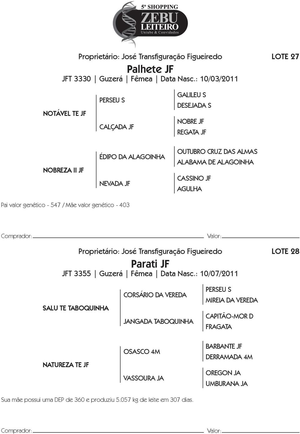 ALAGOINHA CASSINO JF AGULHA Pai valor genético - 547 / Mãe valor genético - 403 Proprietário: José Transfiguração Figueiredo Parati JF JFT 3355 Guzerá Fêmea Data Nasc.