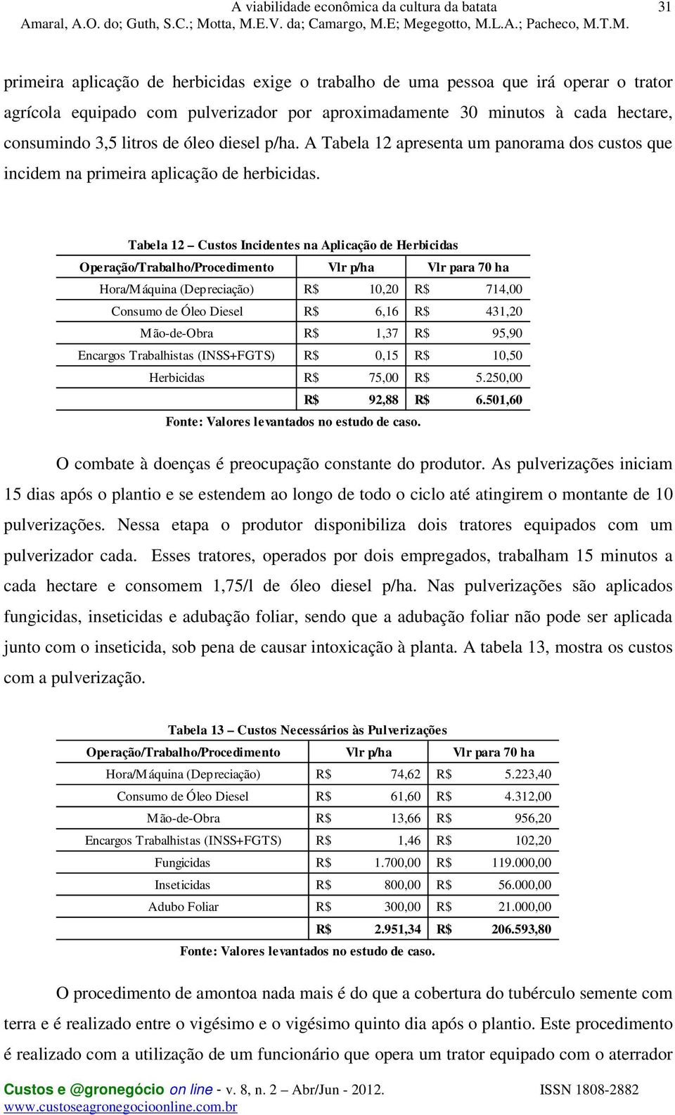 Tabela 12 Custos Incidentes na Aplicação de Herbicidas Operação/Trabalho/Procedimento Vlr p/ha Vlr para 70 ha Hora/Máquina (Depreciação) R$ 10,20 R$ 714,00 Consumo de Óleo Diesel R$ 6,16 R$ 431,20 M