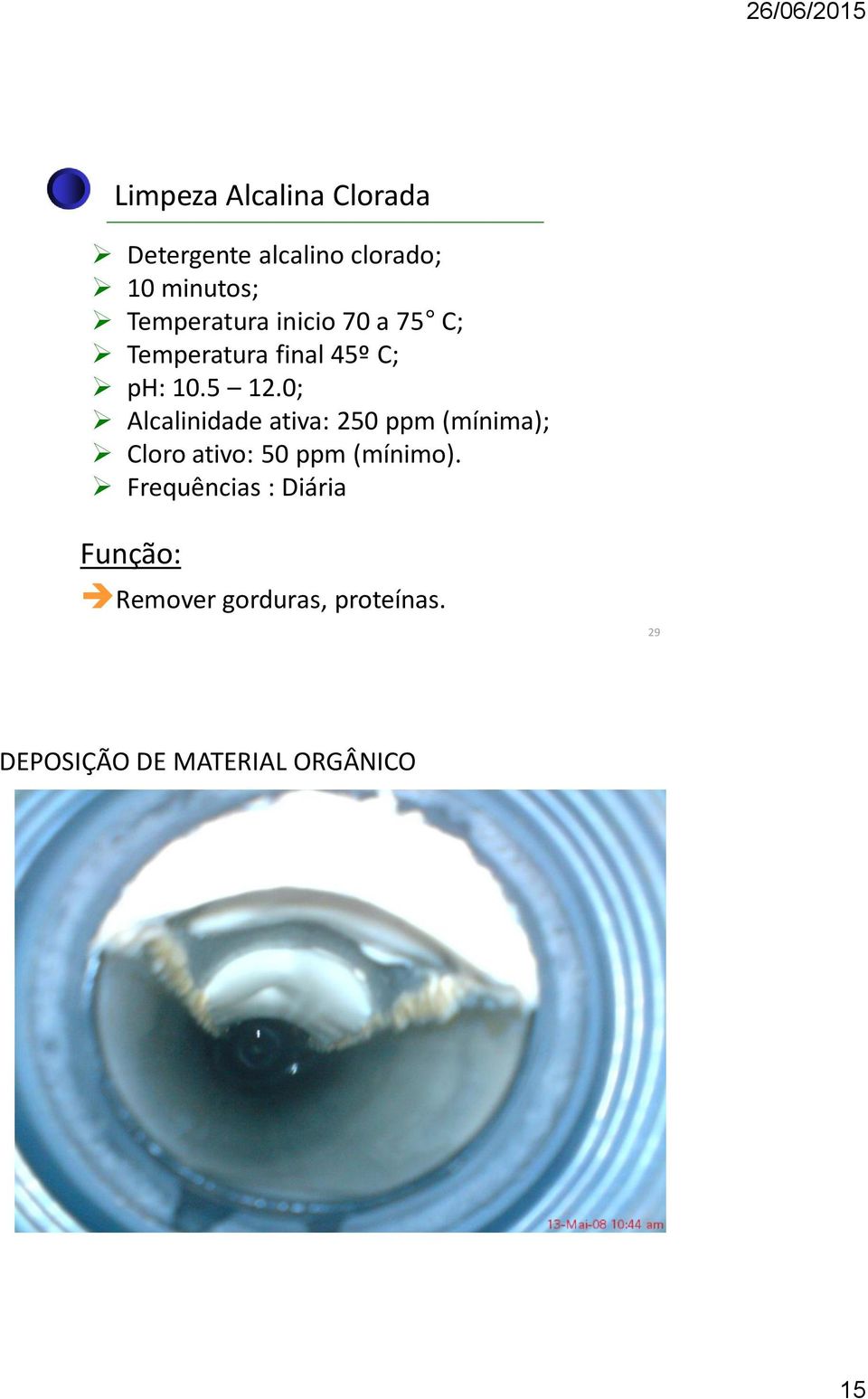 0; Alcalinidade ativa: 250 ppm (mínima); Cloro ativo: 50 ppm (mínimo).