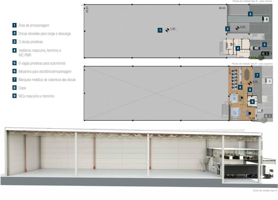 privativas Vestiários masculino, feminino e WC PMR 4 5 5 6 vagas privativas para automóveis Planta do módulo
