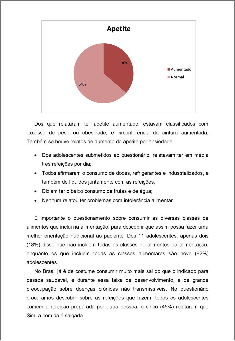 Dos adolescentes submetidos ao questionário, relatavam ter em média três refeições por dia; Todos afirmaram o consumo de doces, refrigerantes e industrializados, e também de líquidos juntamente com