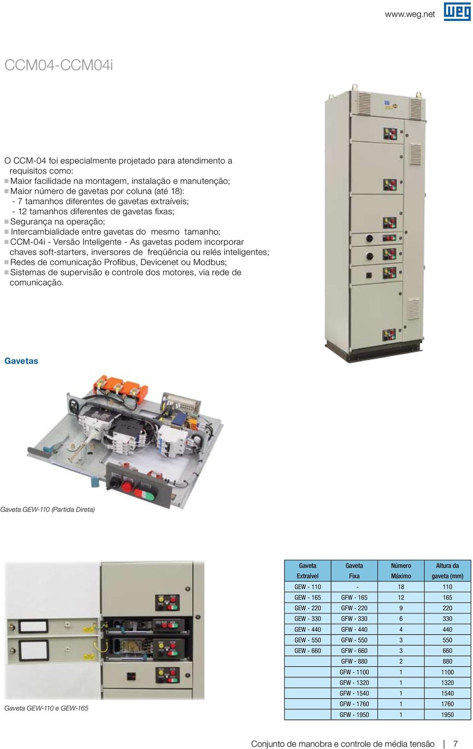 gavetas podem incorporar chaves soft-starters, inversores de freqüência ou relés inteligentes; g Redes de comunicação Profibus, Devicenet ou Modbus; g Sistemas de supervisão e controle dos motores,