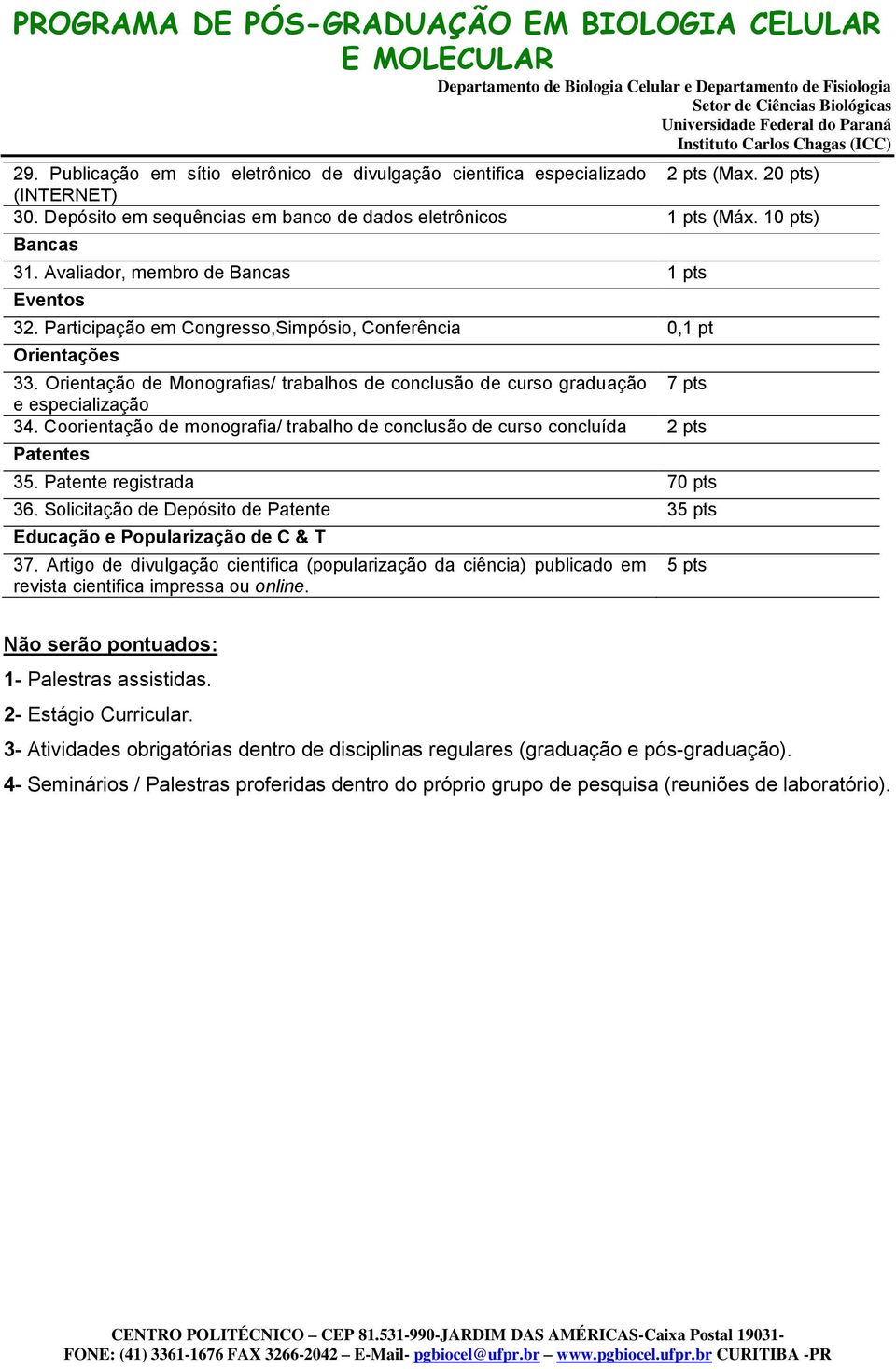 Orientação de Monografias/ trabalhos de conclusão de curso graduação 7 pts e especialização 34. Coorientação de monografia/ trabalho de conclusão de curso concluída 2 pts Patentes 35.