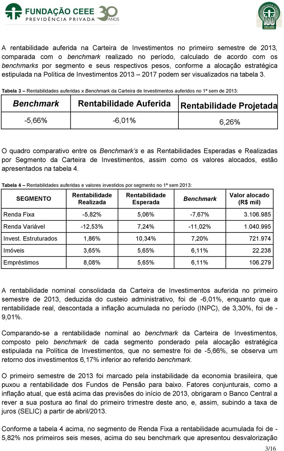 Tabela 3 Rentabilidades auferidas x Benchmark da Carteira de Investimentos auferidos no 1º sem de 2013: Benchmark Rentabilidade Auferida Rentabilidade Projetada -5,66% -6,01% 6,26% O quadro