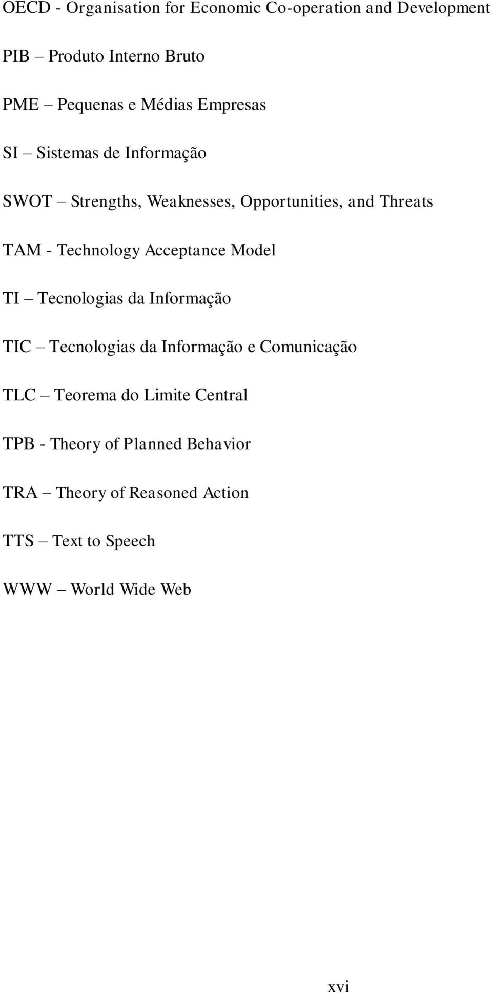 Acceptance Model TI Tecnologias da Informação TIC Tecnologias da Informação e Comunicação TLC Teorema do