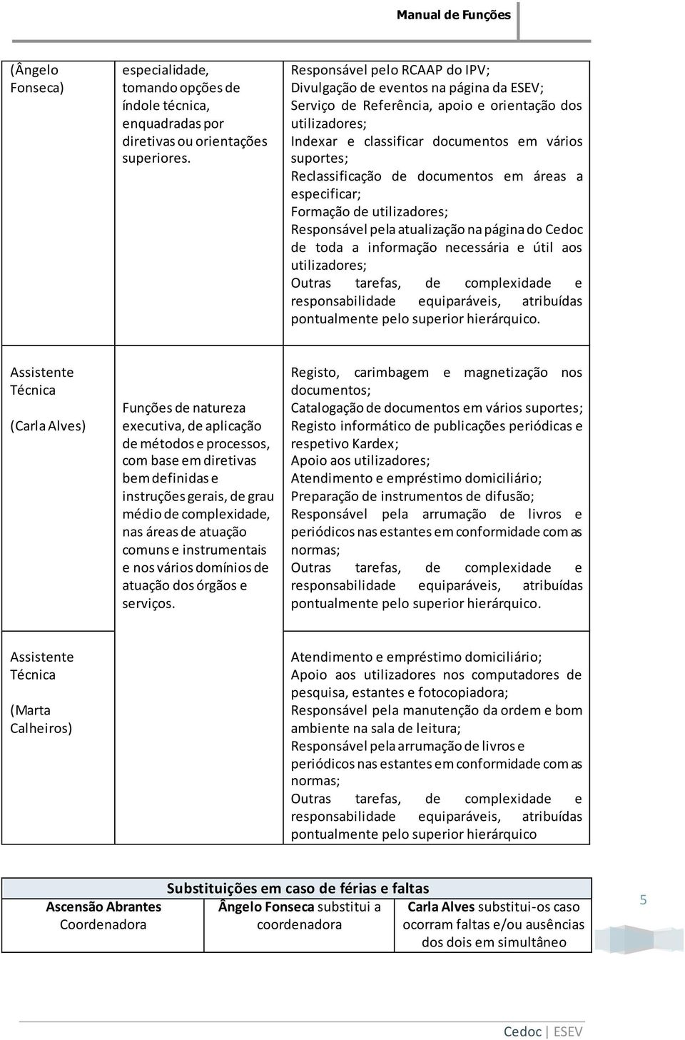 documentos em áreas a especificar; Formação de utilizadores; pela atualização na página do Cedoc de toda a informação necessária e útil aos utilizadores; Outras tarefas, de complexidade e