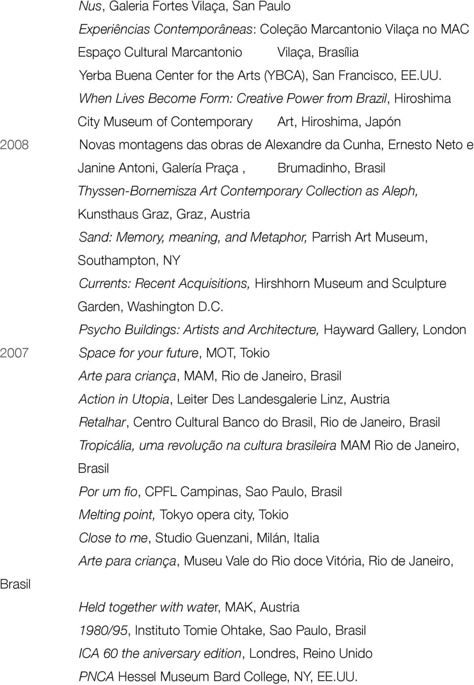 When Lives Become Form: Creative Power from Brazil, Hiroshima City Museum of Contemporary Art, Hiroshima, Japón 2008 Novas montagens das obras de Alexandre da Cunha, Ernesto Neto e Janine Antoni,