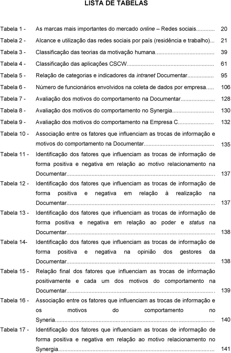 .. 95 Tabela 6 - Número de funcionários envolvidos na coleta de dados por empresa... 106 Tabela 7 - Avaliação dos motivos do comportamento na Documentar.