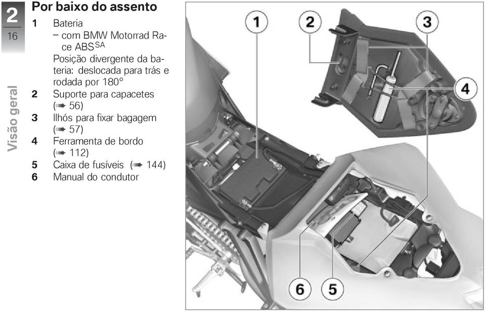 180 2 Suporte para capacetes ( 56) 3 Ilhós para fixar bagagem ( 57) 4