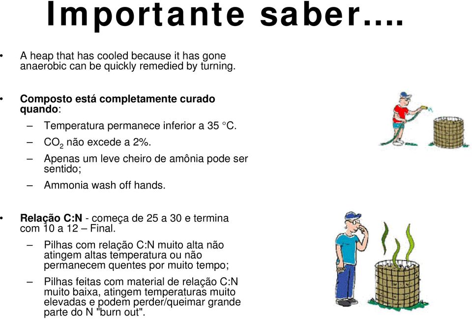 Apenas um leve cheiro de amônia pode ser sentido; Ammonia wash off hands. Relação C:N - começa de 25 a 30 e termina com 10 a 12 Final.