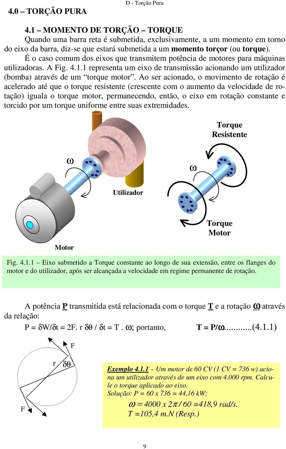 É o caso comum dos eixos que transmitem potência de motores para máquinas utilizadoras. A Fig. 4.1.1 representa um eixo de transmissão acionando um utilizador (bomba) através de um torque motor.