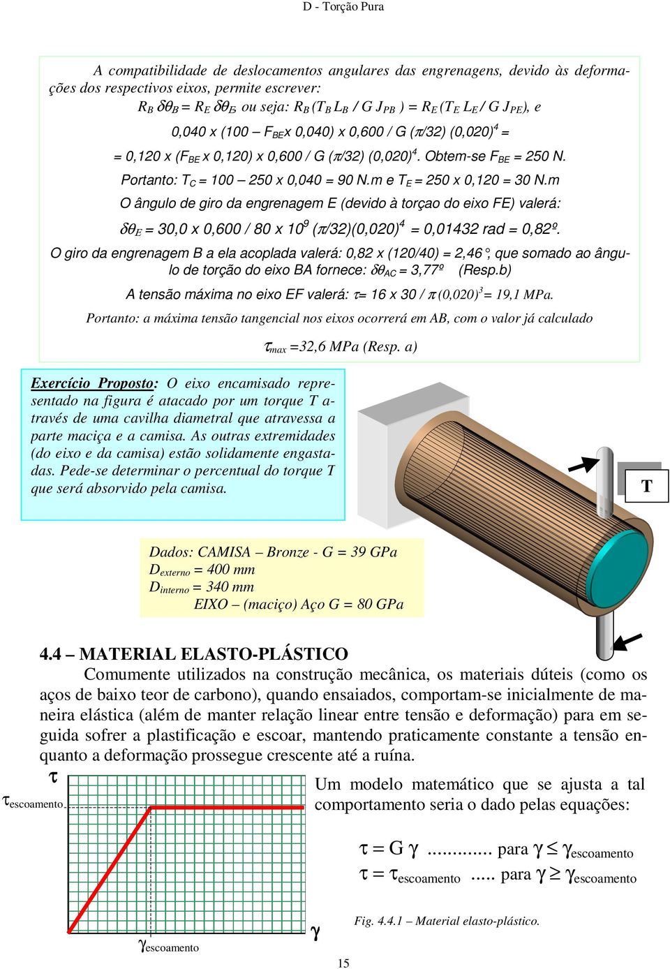 m e E = 250 x 0,120 = 30 N.m O ângulo de giro da engrenagem E (devido à torçao do eixo FE) valerá: δθ Ε = 30,0 x 0,600 / 80 x 10 9 (π/32)(0,020) 4 = 0,01432 rad = 0,82º.