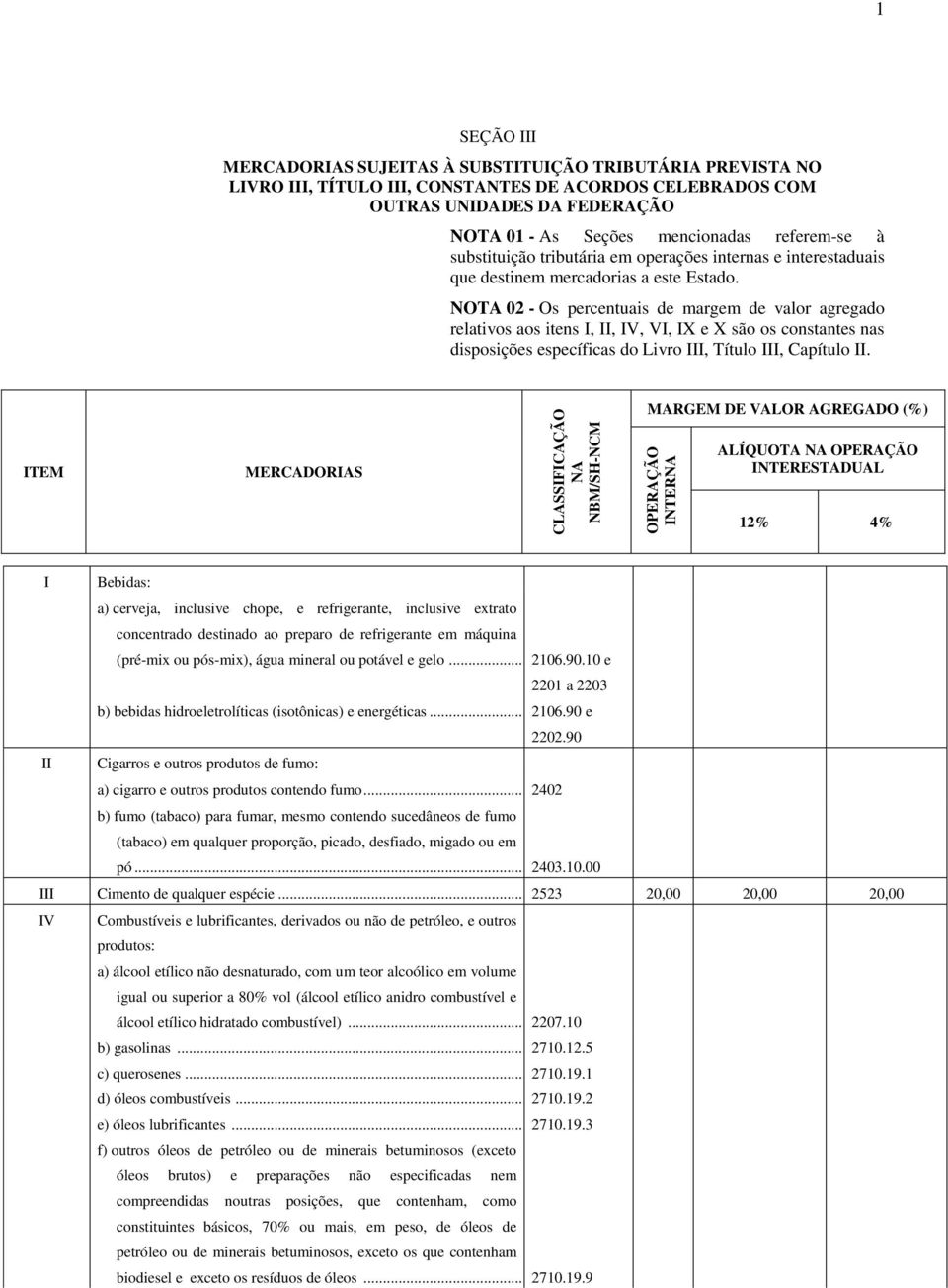 NOTA 02 - Os percentuais de margem de valor agregado relativos aos itens I, II, IV, VI, IX e X são os constantes nas disposições específicas do Livro III, Título III, Capítulo II.