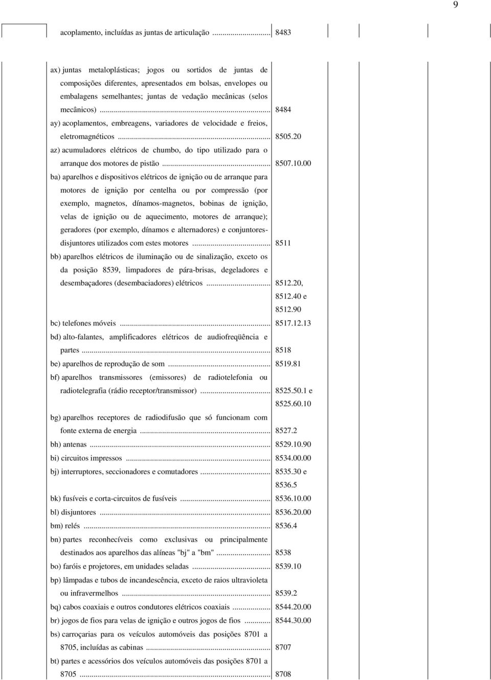 .. 8484 ay) acoplamentos, embreagens, variadores de velocidade e freios, eletromagnéticos... 8505.20 az) acumuladores elétricos de chumbo, do tipo utilizado para o arranque dos motores de pistão.