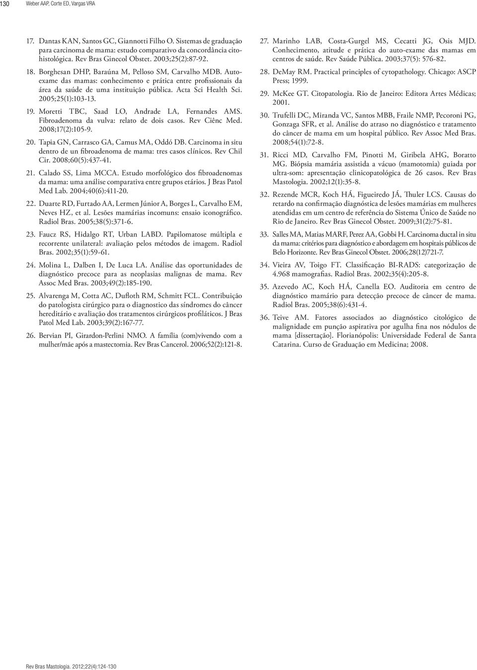 Autoexame das mamas: conhecimento e prática entre profissionais da área da saúde de uma instituição pública. Acta Sci Health Sci. 2005;25(1):103-13. 19.