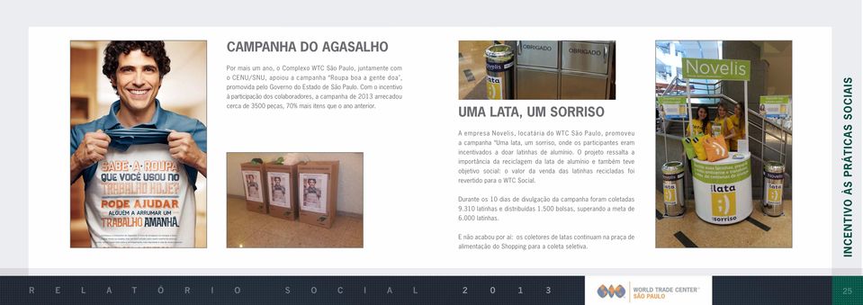 UMA LATA, UM SORRISO A empresa Novelis, locatária do WTC São Paulo, promoveu a campanha Uma lata, um sorriso, onde os participantes eram incentivados a doar latinhas de alumínio.