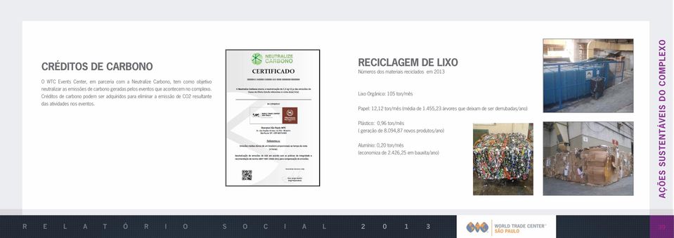 RECICLAGEM DE LIXO Números dos materiais reciclados em 2013 Lixo Orgânico: 105 ton/mês Papel: 12,12 ton/mês (média de 1.