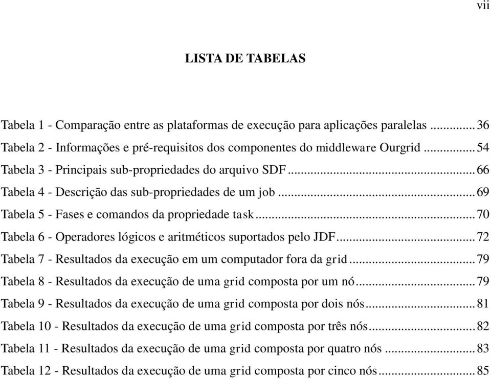 .. 70 Tabela 6 - Operadores lógicos e aritméticos suportados pelo JDF... 72 Tabela 7 - Resultados da execução em um computador fora da grid.